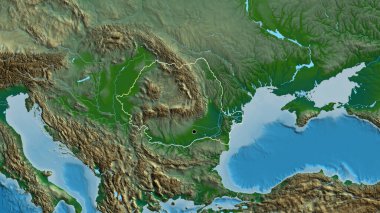 Romanya sınır bölgesinin fiziksel bir haritada yakın plan görüntüsü. Ana nokta. Ülke şekli etrafında özet geç. 