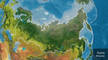 Bir topografik haritada Rusya sınır bölgesinin yakın çekimleri. Ana nokta. Ülke çapında bir taslak oluşturun. Ülkenin ve başkentinin İngilizce adı