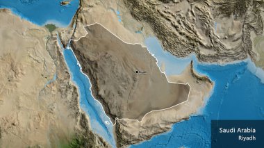 Suudi Arabistan sınır bölgesinin uydu haritasında koyu bir örtüyle işaretlenmiş yakın çekimi. Ana nokta. Ülke çapında bir taslak oluşturun. Ülkenin ve başkentinin İngilizce adı