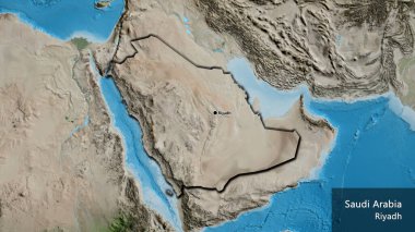 Suudi Arabistan sınırına bir uydu haritasında yakın plan. Ana nokta. Kırsal kesimin kıvrımlı kenarları. Ülkenin ve başkentinin İngilizce adı