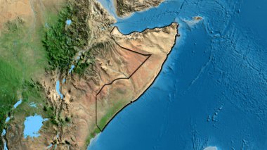 Somali sınır bölgesinin uydu haritasında yakın plan görüntüsü. Ana nokta. Ülkenin kıvrımlı kenarları. 