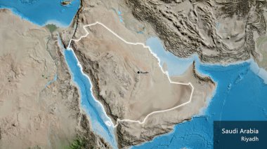 Suudi Arabistan sınırına bir uydu haritasında yakın plan. Ana nokta. Ülke çapında parıldıyor. Ülkenin ve başkentinin İngilizce adı