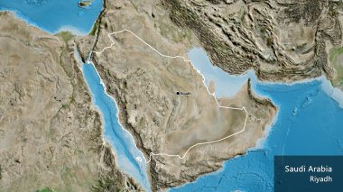 Suudi Arabistan sınırına bir uydu haritasında yakın plan. Ana nokta. Ülke çapında bir taslak oluşturun. Ülkenin ve başkentinin İngilizce adı