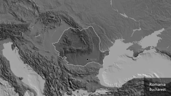 Zbliżenie Rumuńskiego Obszaru Przygranicznego Ciemnym Pokryciem Mapie Dwupoziomowej Główny Punkt — Zdjęcie stockowe