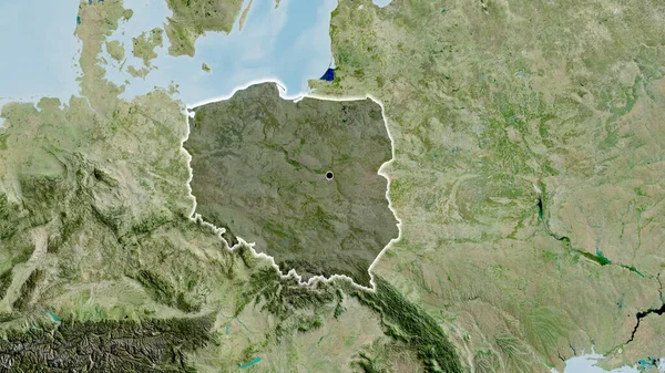 Close-up of the Poland border area highlighting with a dark overlay on a satellite map. Capital point. Glow around the country shape.