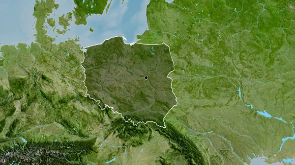 Close-up of the Poland border area highlighting with a dark overlay on a satellite map. Capital point. Outline around the country shape.