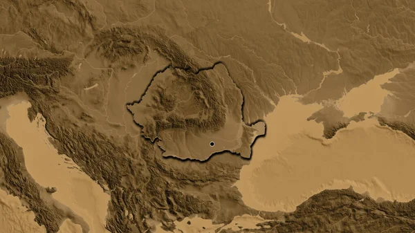 在黑色高地地图上对罗马尼亚边境地区进行的密切监视 资本点 国家形状的斜边 — 图库照片