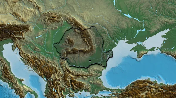 Close Romania Border Area Highlighting Dark Overlay Relief Map Capital — Stock Photo, Image