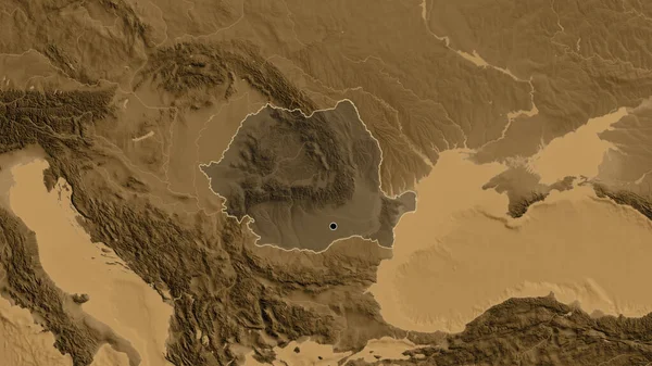 Närbild Rumäniens Gränsområde Med Ett Mörkt Överdrag Sepiahöjdskarta Huvudpunkt Skissera — Stockfoto