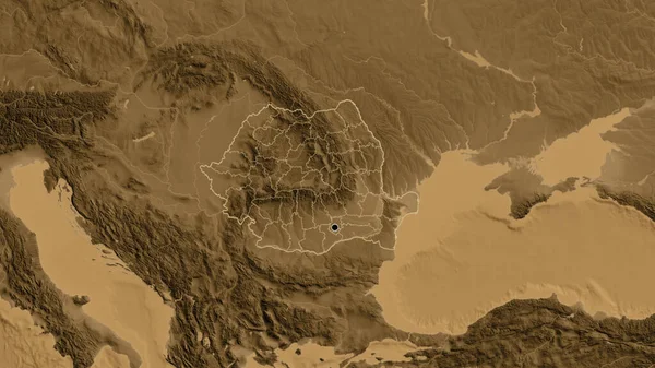 Впритул Прикордонної Зони Румунії Регіональних Кордонів Карті Підвищення Сепії Столична — стокове фото