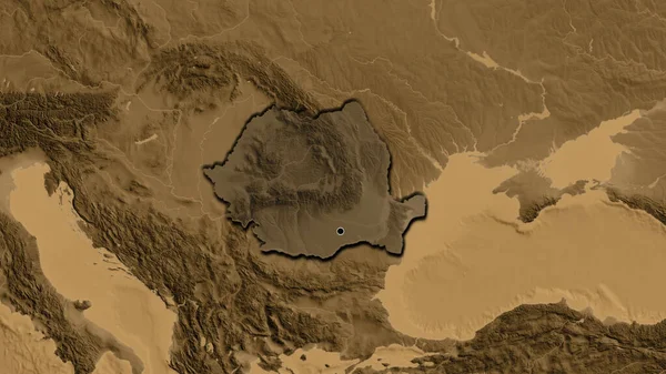 Detailní Záběr Rumunské Pohraniční Oblasti Zvýrazňující Tmavý Překryv Mapě Nadmořské — Stock fotografie