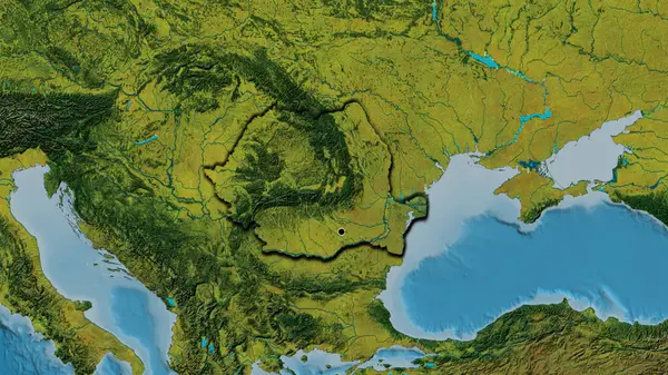 在一张地形图上对罗马尼亚边境地区进行了密切监视 资本点 国家形状的斜边 — 图库照片