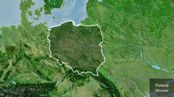 波兰边境地区的特写镜头 用卫星地图上的黑暗覆盖突出显示 资本点 风靡全国各地 国家及其首都的英文名称 — 图库照片