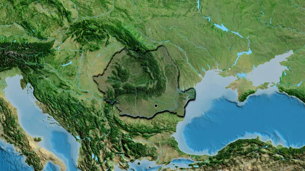罗马尼亚边境地区的特写镜头 用卫星地图上的黑暗覆盖突出显示 资本点 国家形状的斜边 — 图库照片