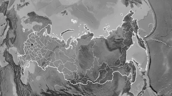在灰色比例尺地图上对俄罗斯边境地区及其区域边界的密切监视 资本点 国家形貌概述 — 图库照片