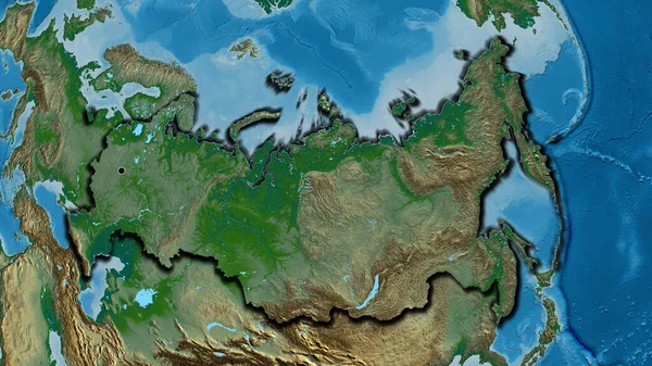 在一张实景地图上对俄罗斯边境地区进行的密切监视 资本点 国家形状的斜边 — 图库照片