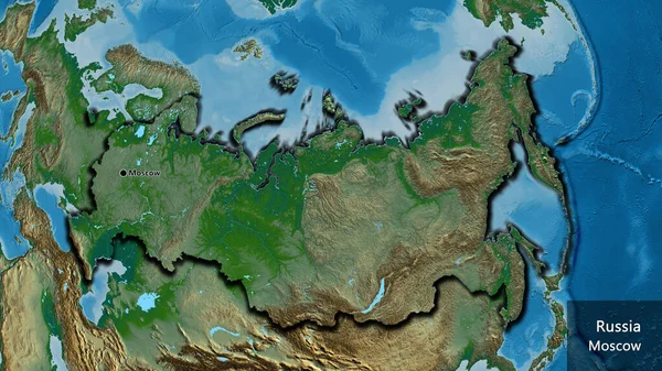 在一张实景地图上对俄罗斯边境地区进行的密切监视 资本点 这个国家的边缘呈斜角状 国家及其首都的英文名称 — 图库照片
