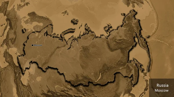 俄罗斯边境地区的近景在一个黑色的高程地图上 资本点 这个国家的边缘呈斜角状 国家及其首都的英文名称 — 图库照片