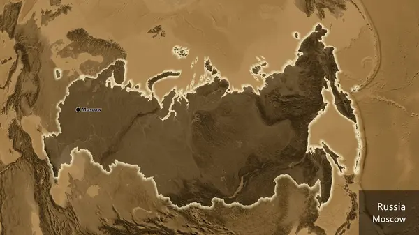 俄罗斯边境地区的特写镜头 用黑色的阴影覆盖在黑色的高程地图上 资本点 风靡全国各地 国家及其首都的英文名称 — 图库照片