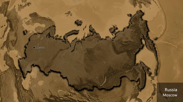 俄罗斯边境地区的特写镜头 用黑色的阴影覆盖在黑色的高程地图上 资本点 这个国家的边缘呈斜角状 国家及其首都的英文名称 — 图库照片