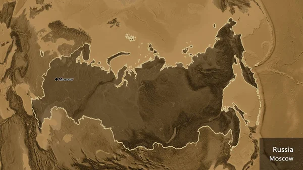 俄罗斯边境地区的特写镜头 用黑色的阴影覆盖在黑色的高程地图上 资本点 概略地描述一下国家的面貌 国家及其首都的英文名称 — 图库照片