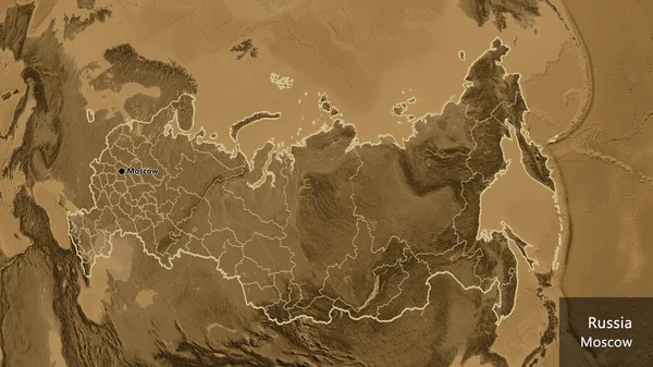 Zbliżenie Rosyjskiej Strefy Przygranicznej Jej Granic Regionalnych Mapie Wysokości Sepii — Zdjęcie stockowe