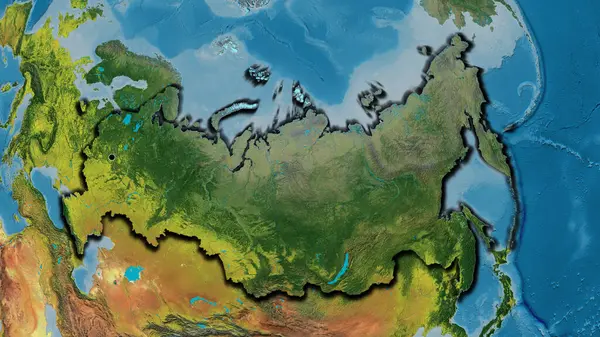 在一张地形图上对俄罗斯边境地区进行了密切监视 资本点 国家形状的斜边 — 图库照片
