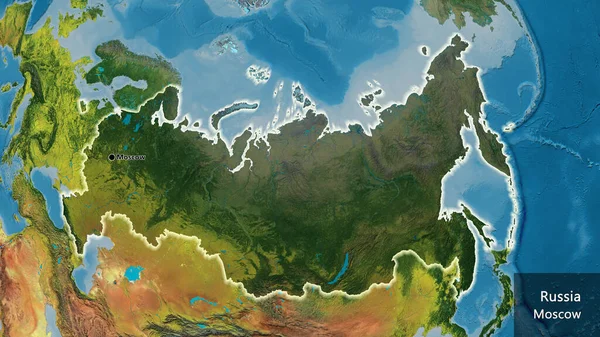俄罗斯边境地区的特写镜头 用地形图上的黑暗覆盖突出显示 资本点 风靡全国各地 国家及其首都的英文名称 — 图库照片