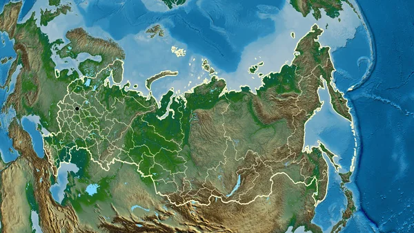 在实际地图上对俄罗斯边境地区及其区域边界进行密切监视 资本点 国家形貌概述 — 图库照片