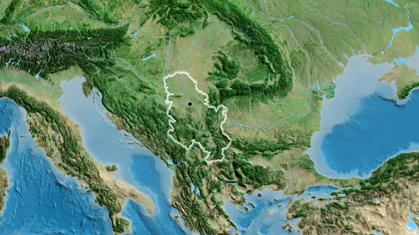 Närbild Serbiens Gränsområde Satellitkarta Huvudpunkt Glow Runt Landet Form — Stockfoto