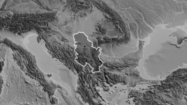 塞尔维亚边境地区的特写镜头 以灰度地图上的黑暗覆盖为重点 资本点 风靡全国 — 图库照片