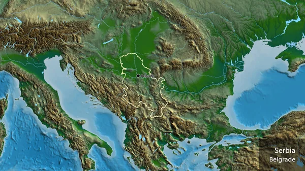 Primer Plano Zona Fronteriza Serbia Mapa Físico Punto Capital Esquema — Foto de Stock