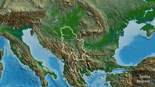 物理的な地図上のセルビア国境地域の閉鎖 資本ポイント 国の形の周りに光る 英名国とその首都 — ストック写真