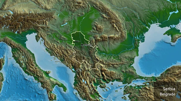 Close Serbia Border Area Highlighting Dark Overlay Physical Map Capital — Stock Photo, Image