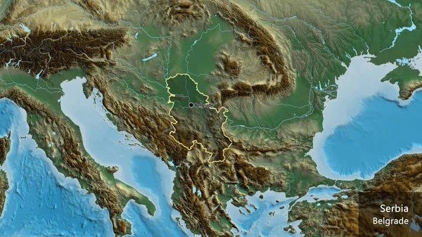 Close Serbia Border Area Highlighting Dark Overlay Relief Map Capital — Stock Photo, Image
