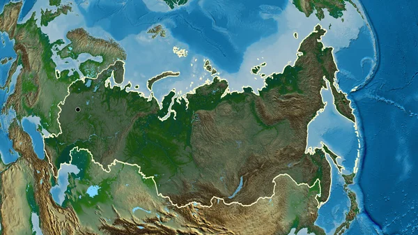 物理的な地図上の暗いオーバーレイで強調されているロシア国境地域のクローズアップ 資本ポイント 全国の概要 — ストック写真