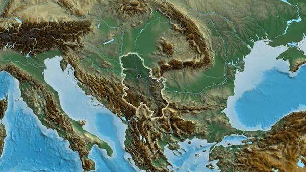 Close Serbia Border Area Highlighting Dark Overlay Relief Map Capital — Stock Photo, Image