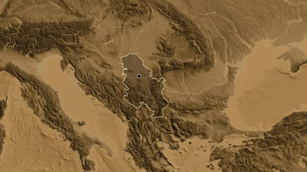 Närbild Serbiens Gränsområde Med Ett Mörkt Överdrag Sepiahöjdskarta Huvudpunkt Skissera — Stockfoto