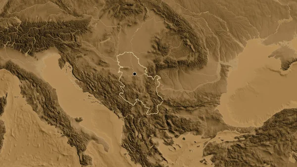 Närbild Serbiens Gränsområde Karta Över Sepiahöjder Huvudpunkt Skissera Runt Landet — Stockfoto