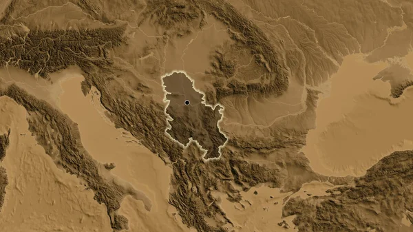 Närbild Serbiens Gränsområde Med Ett Mörkt Överdrag Sepiahöjdskarta Huvudpunkt Glow — Stockfoto