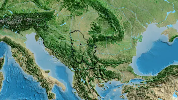 在卫星地图上对塞尔维亚边境地区进行了密切监视 资本点 国家形状的斜边 — 图库照片