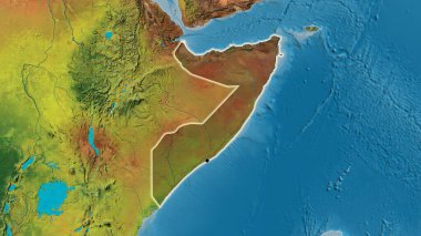 Somali sınır bölgesinin yakın çekimleri topoğrafik haritada koyu bir örtüyle vurgulanıyor. Ana nokta. Ülke çapında parıltı. 