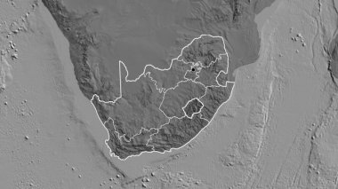 Güney Afrika sınır bölgesinin ve bölgesel sınırlarının bir bileklik haritası üzerinde yakın çekimleri. Ana nokta. Ülke şekli etrafında özet geç. 