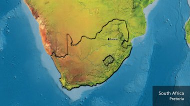 Bir topografik haritada Güney Afrika sınır bölgesinin yakın çekimleri. Ana nokta. Kırsal kesimin kıvrımlı kenarları. Ülkenin ve başkentinin İngilizce adı