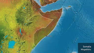 Somali sınır bölgesinin yakın çekimleri topoğrafik haritada koyu bir örtüyle vurgulanıyor. Ana nokta. Ülke çapında bir taslak oluşturun. Ülkenin ve başkentinin İngilizce adı