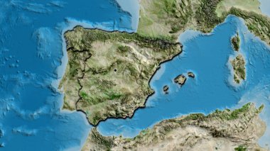 İspanya sınır bölgesinin uydu haritasına yakın çekim. Ana nokta. Ülkenin kıvrımlı kenarları. 