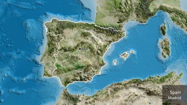 İspanya sınır bölgesinin uydu haritasına yakın çekim. Ana nokta. Ülke çapında bir taslak oluşturun. Ülkenin ve başkentinin İngilizce adı