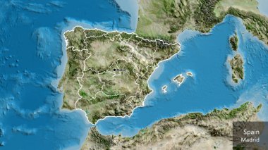 İspanya sınır bölgesinin ve bölgesel sınırlarının uydu haritasına yakın çekim. Ana nokta. Ülke çapında bir taslak oluşturun. Ülkenin ve başkentinin İngilizce adı
