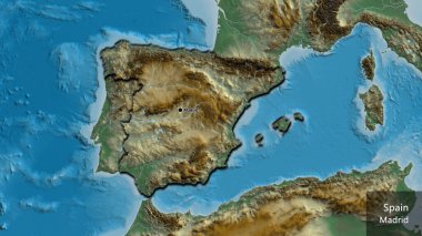 İspanya sınır bölgesinin yakınlaştırılmış bir haritası. Ana nokta. Kırsal kesimin kıvrımlı kenarları. Ülkenin ve başkentinin İngilizce adı