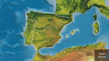 Bir topografik haritada İspanya sınır bölgesinin yakın çekimleri. Ana nokta. Ülke çapında bir taslak oluşturun. Ülkenin ve başkentinin İngilizce adı